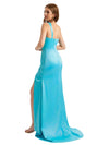Elegant One Shoulder Silky Satin Unique Side Split Mermaid Long Bridesmaid Dresses