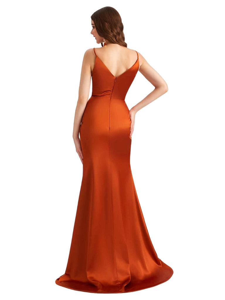 Sexy Spaghetti Straps Soft Satin Side Split V-Neck Mermaid Beauty Long Bridesmaid Dresses