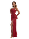 Elegant Mermaid Ruched Satin Long Bridesmaid Dresses Side Split Spaghetti Straps
