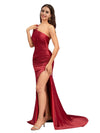 Elegant One Shoulder Mermaid Side Slit Soft Satin Long Wedding Bridesmaid Dresses
