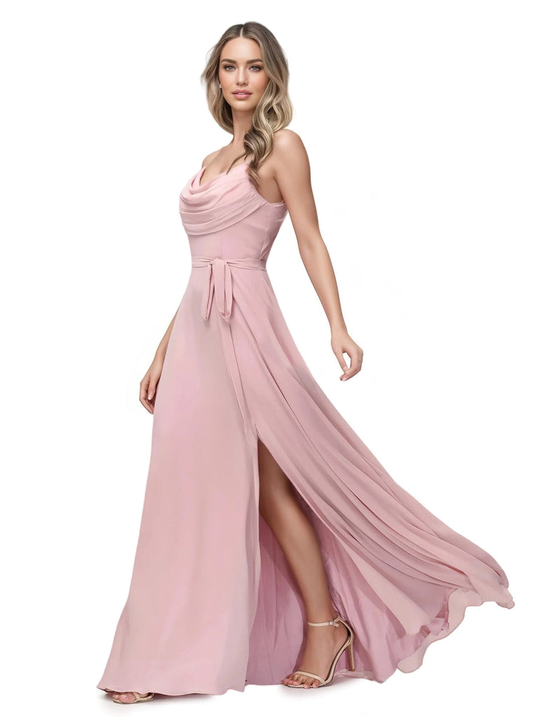 Elegant Cowl Side Slit Spaghetti Straps A-line Chiffon Long Bridesmaid Dresses