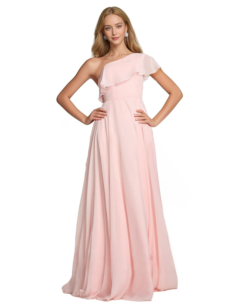Elegant One Shoulder Ruffle Sleeves A-line Chiffon Long Bridesmaid Dresses