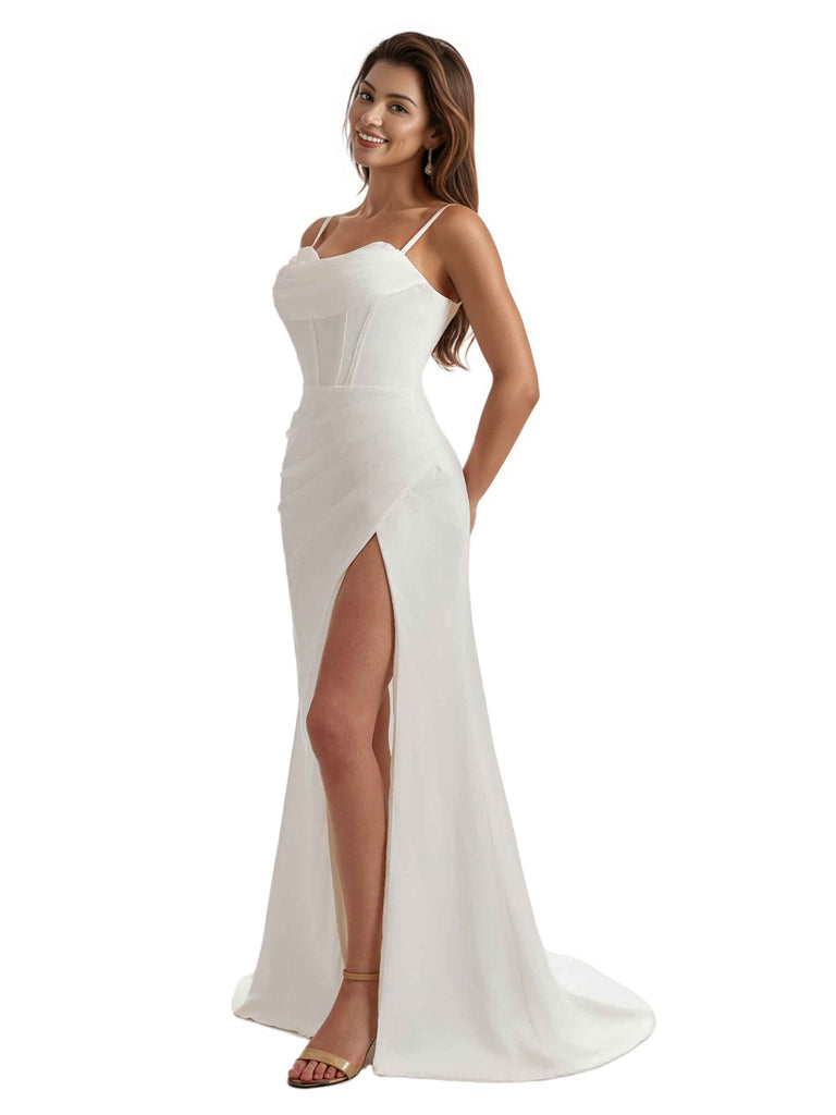 Sexy Sweetheart Mermaid Silky Satin Long Bridesmaid Dresses Slit Spaghetti Straps