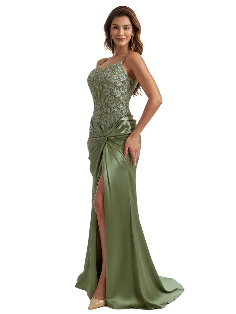 Elegant Lace Spaghetti Strap Side Split Mermaid Ruched Satin Long Bridesmaid Dresses