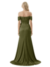 Off The Shoulder Ruching Satin Mother Of The Groom Dress Mermaid Maxi Gown With Floral Accent Train