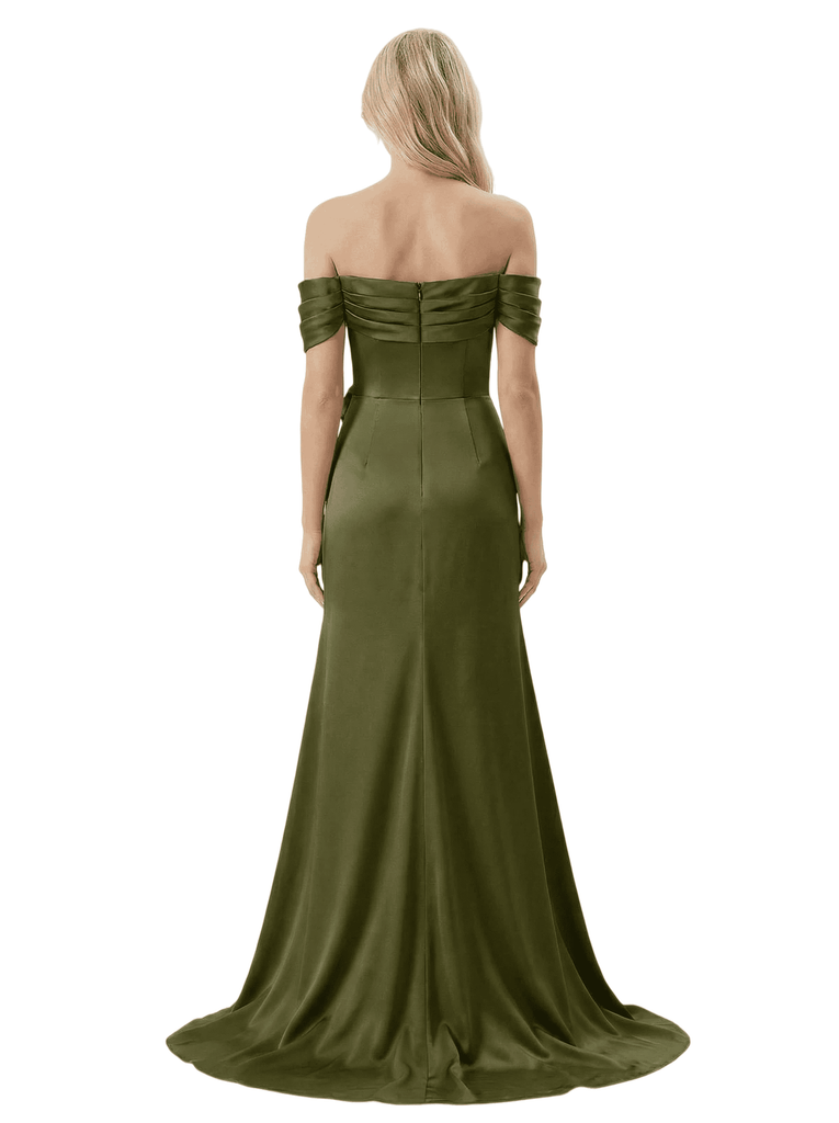 Off The Shoulder Ruching Satin Mother Of The Groom Dress Mermaid Maxi Gown With Floral Accent Train