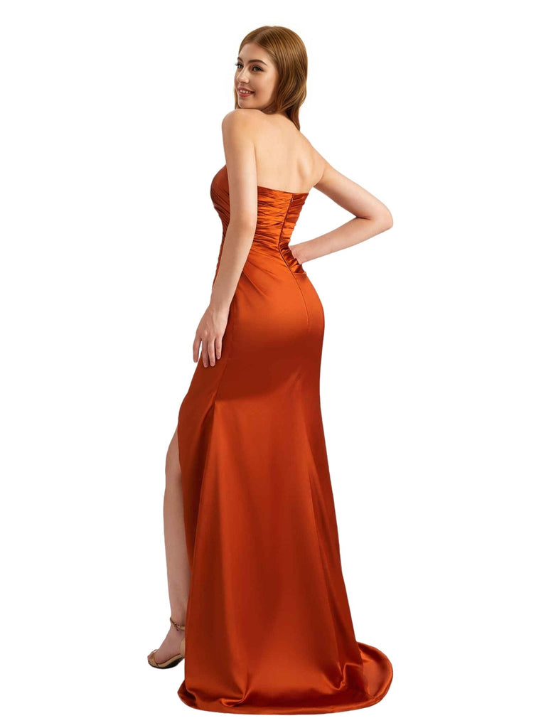 Elegant Sweetheart Strapless Silky Satin Side Split Mermaid Long Bridesmaid Dresses