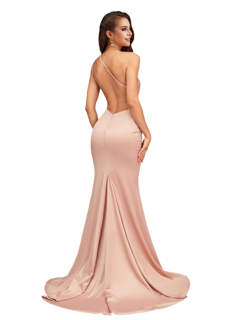 Sexy One Shoulder Soft Satin Open Back Mermaid Long Bridesmaid Dresses Online