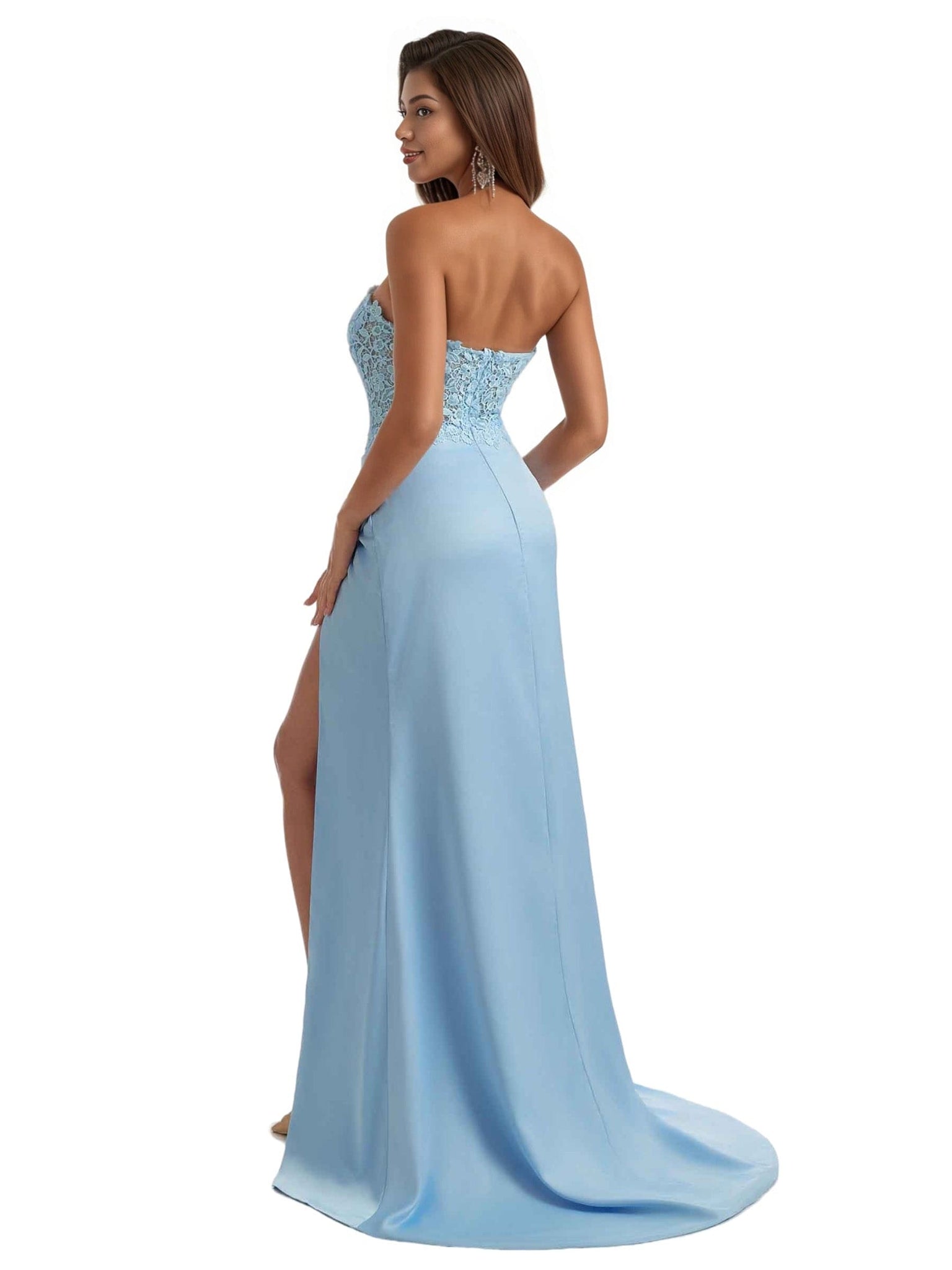 Gorgeous Strapless Sweetheart Lace Mermaid Satin Long Bridesmaid Dresses Side Slit