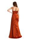 Elegant Sweetheart Silky Satin Mermaid Beaded Ruched Long Bridesmaid Dresses Slit