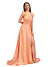 Sexy Spaghetti Straps A-Line Soft Satin Criss cross Side Slit Long Bridesmaid Dresses