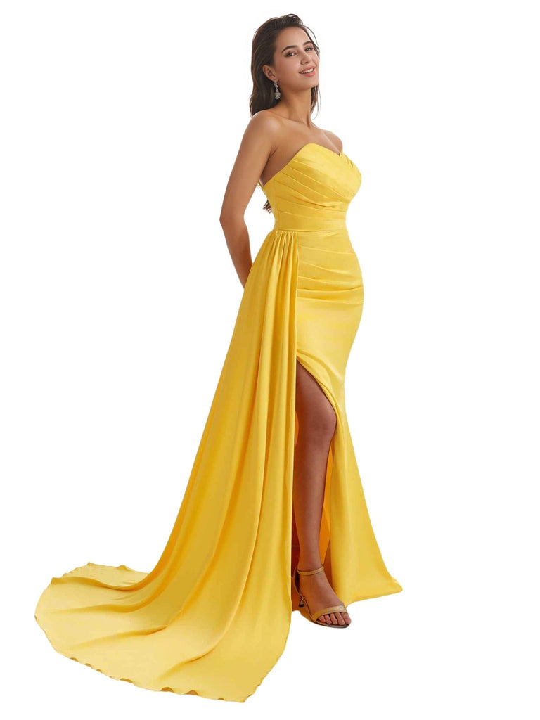 Strapless Sweetheart Mermaid Ruched Satin Chic Long Bridesmaid Dresses Sexy Slit