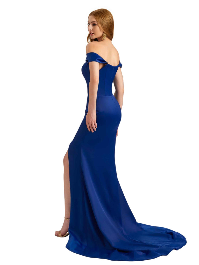 Elegant Off The Shoulder Silky Satin Unique Side Split Mermaid Long Bridesmaid Dresses Online