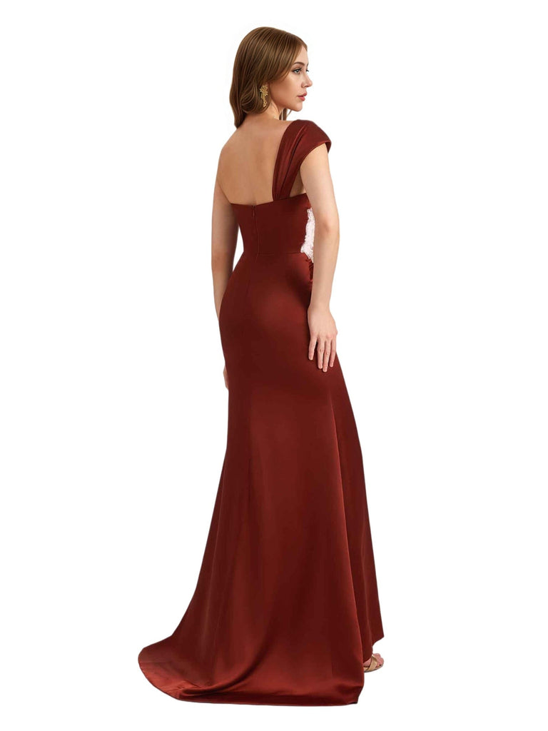 Elegant Lace Silky Satin One Shoulder Mermaid Floor Length Bridesmaid Dresses Online