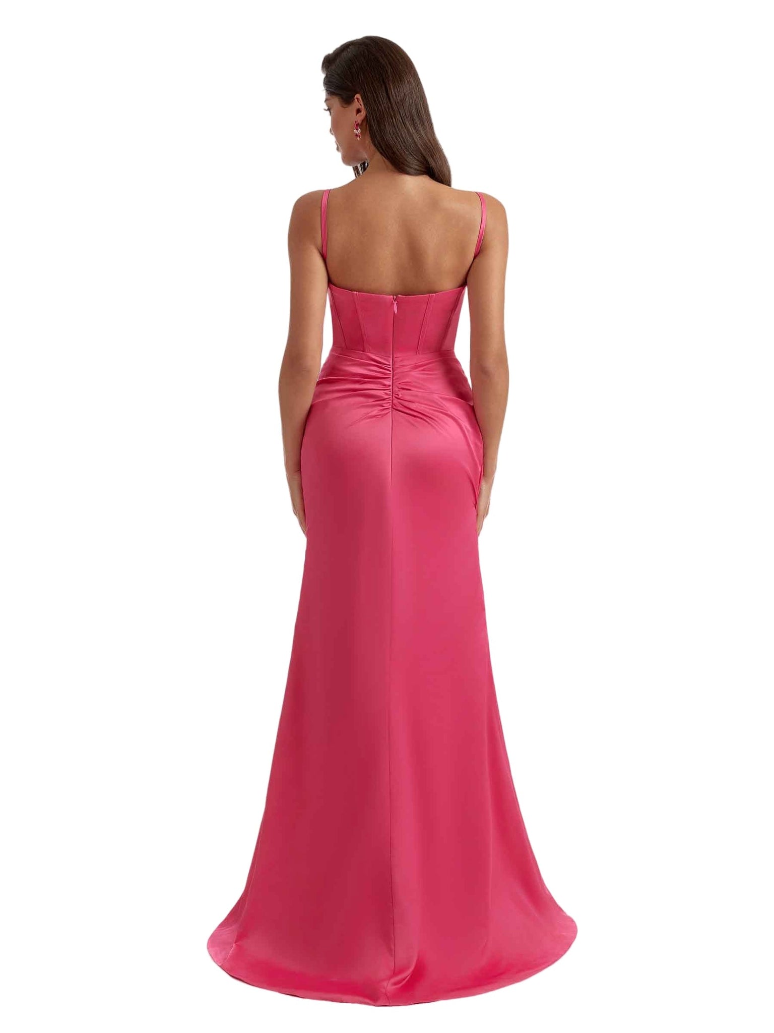 Sexy Spaghetti Straps Boning Mermaid Ruched Satin Long Bridesmaid Dresses Side Split