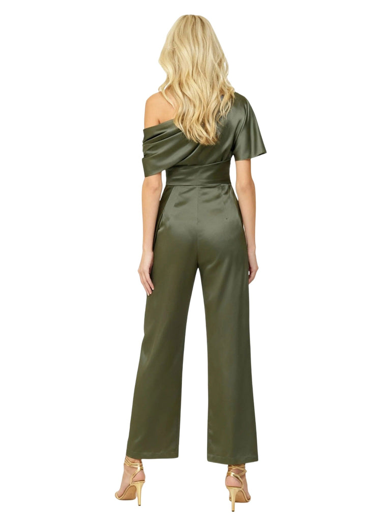 Elegant Asymmetric Straps Satin Pantsuit For Mother Of The Bride Overskirt