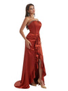 Elegant Sweetheart Ruffles Mermaid Satin Boho Chic Long Bridesmaid Dresses Slit