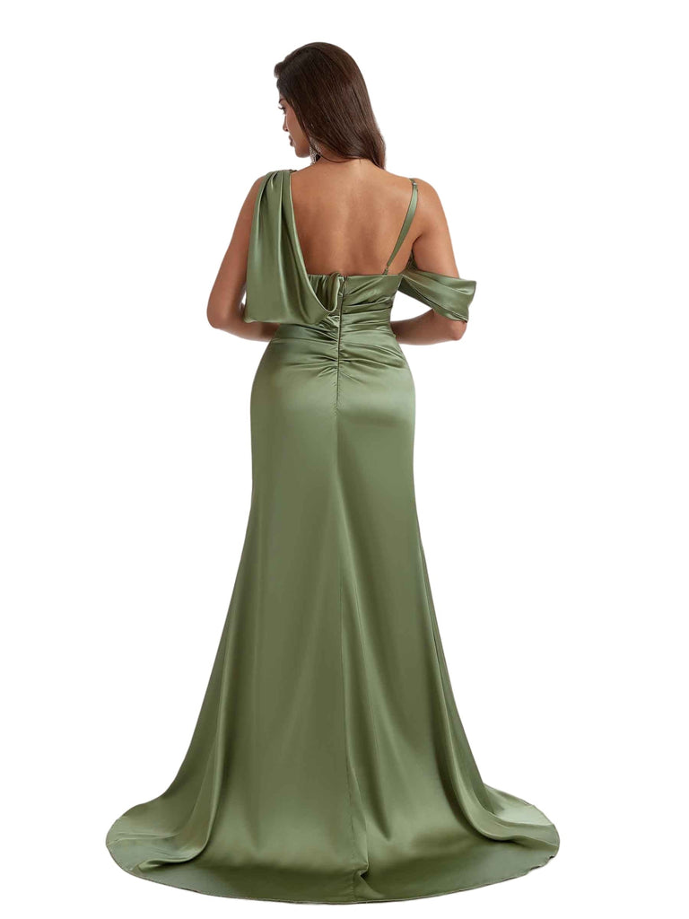 Elegant Asymmetric One Shoulder Mermaid Satin Long Bridesmaid Dresses Online Side Split