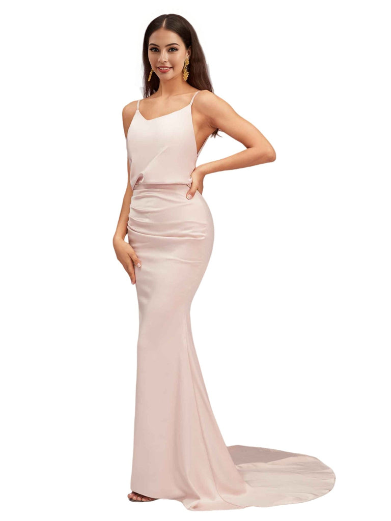 Elegant Spaghetti Straps Mermaid Cowl Neck Backless Soft Satin Long Bridesmaid Dresses
