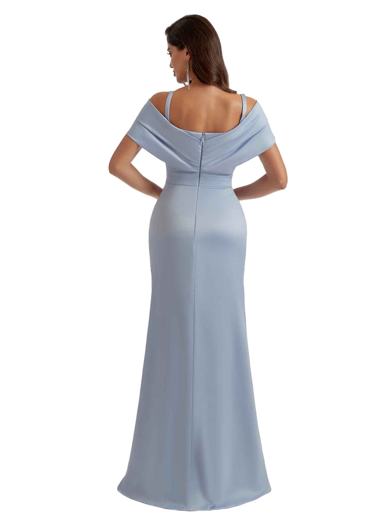 Elegant Cold Shoulder Side Split Mermaid Ruched Satin Long Bridesmaid Dresses Online