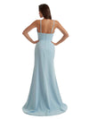 Elegant Mermaid Boning Side Slit Crepe Long Bridesmaid Dress For Wedding Spaghetti Straps