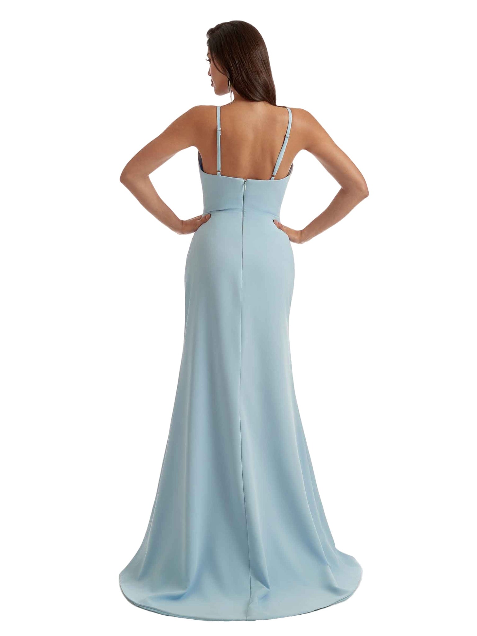 Elegant Mermaid Boning Side Slit Crepe Long Bridesmaid Dress For Wedding Spaghetti Straps