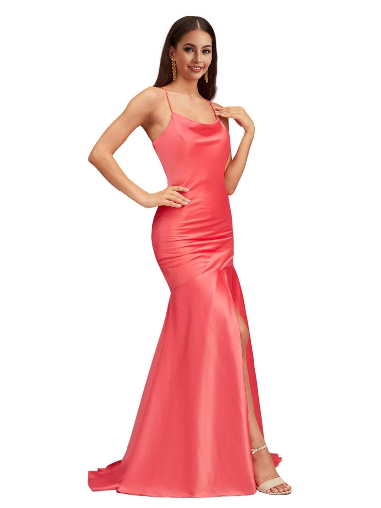 Elegant Spaghetti Straps Slit Mermaid Soft Satin Long Bridesmaid Dresses Online