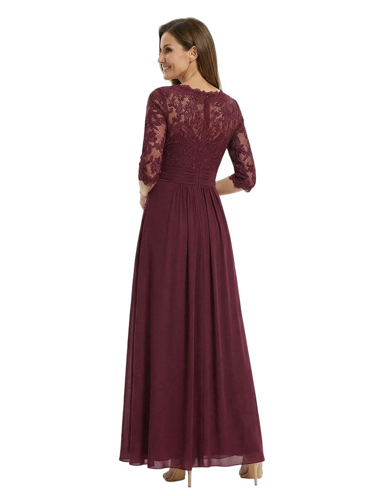 Classy V-Neck 3/4 Lace Sleeves A-Line Floor Length Mother of The Bride Gown