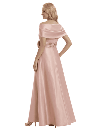 Pretty Off Shoulder Short Sleeve Asymmetric Mother of The Bride Dress Satin A-Line Maxi Gown