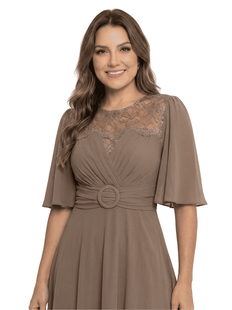 Classy Lace Flutter Sleeve Mother of The Groom Dress Chiffon Tea-Length Gown with Belt