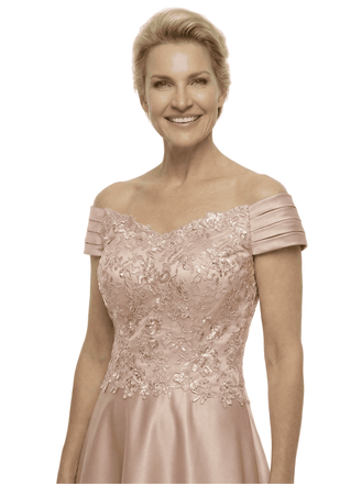 Elegant Off Shoulder Sleeveless A-Line Floor-Length Satin Mother Of The Bride Dress