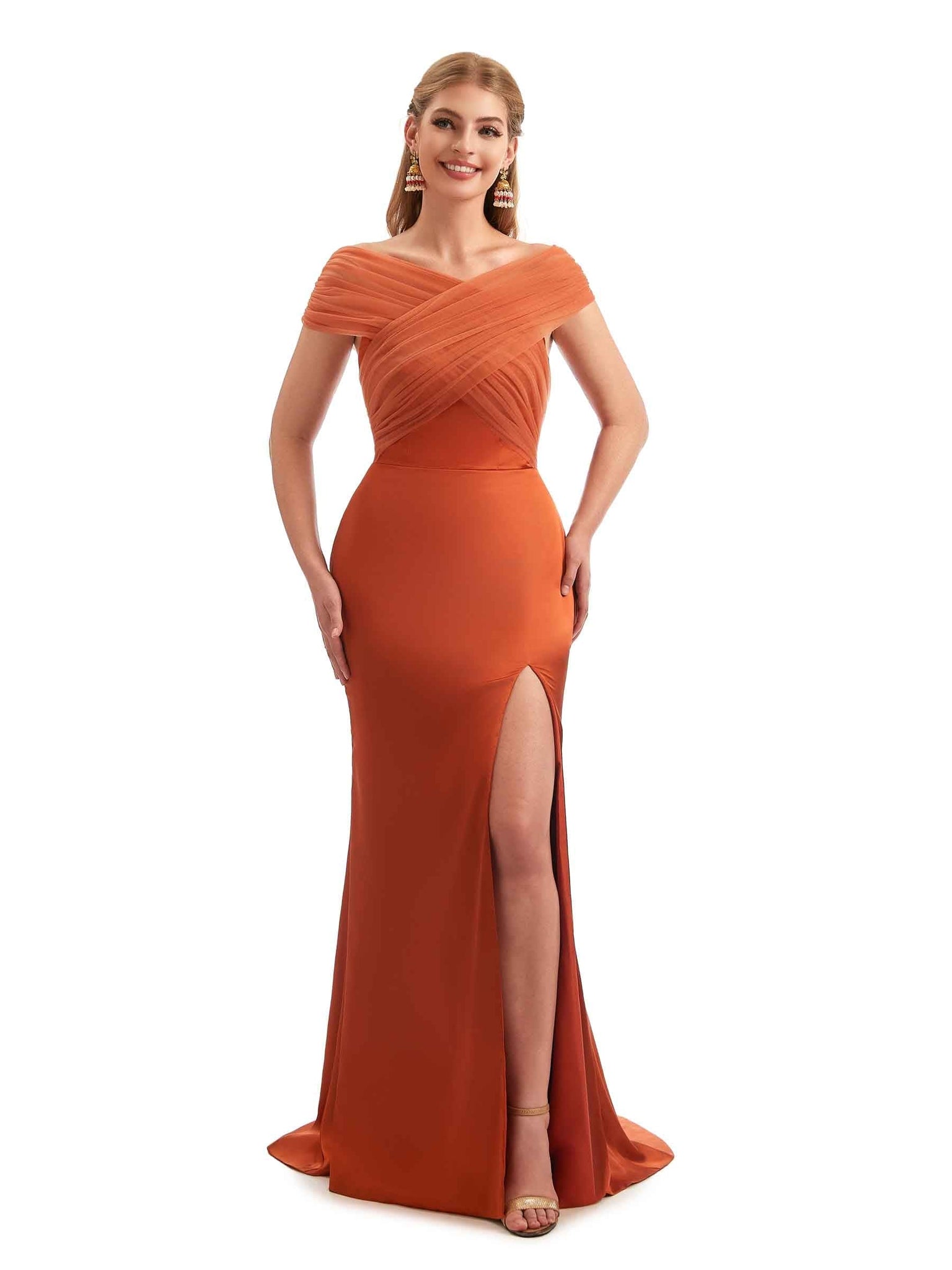 Modern Off The Shoulder Mermaid Satin and Tulle Unique Long Bridesmaid Dresses UK Online