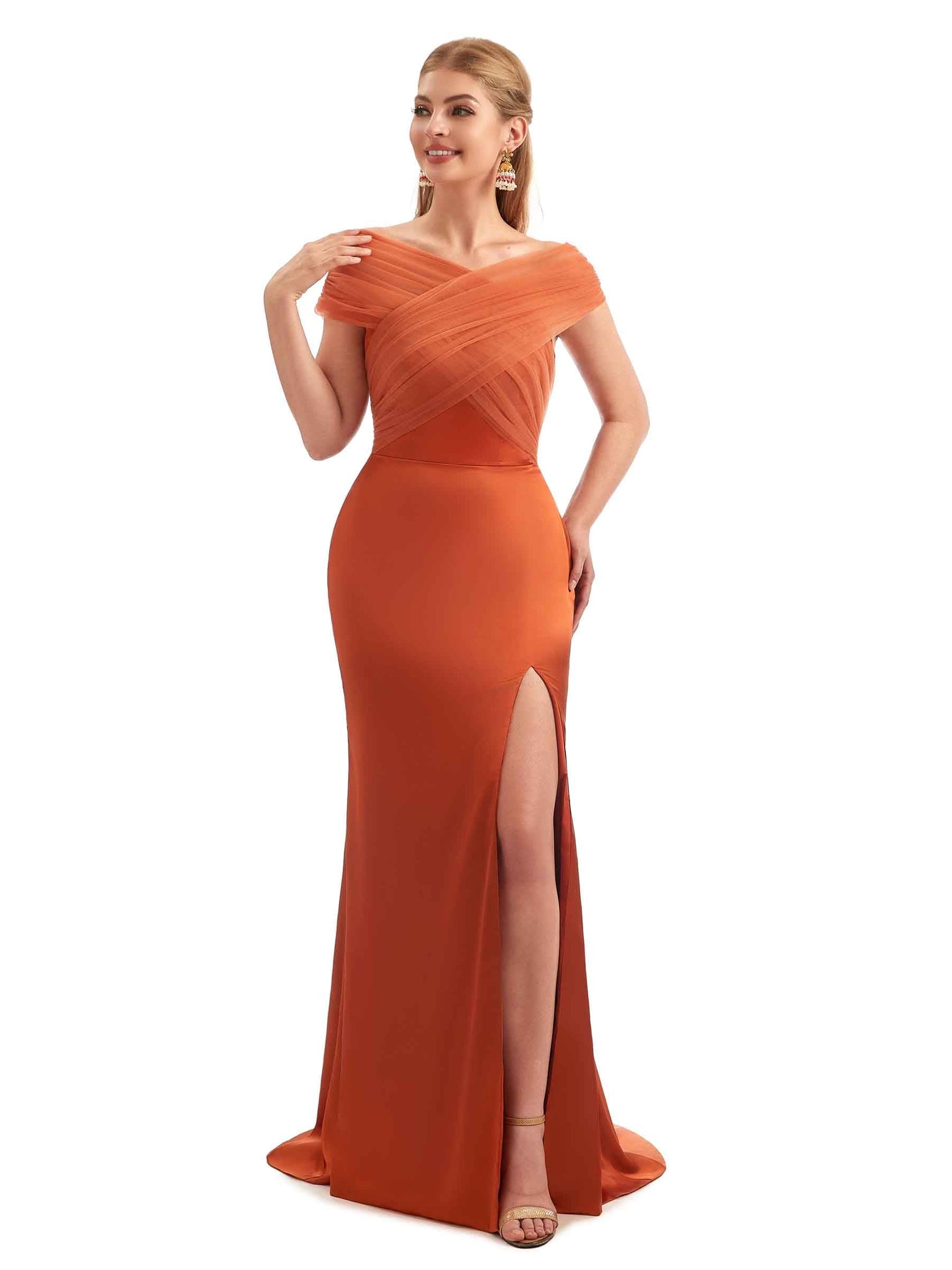 Modern Off The Shoulder Mermaid Satin and Tulle Unique Long Bridesmaid Dresses UK Online