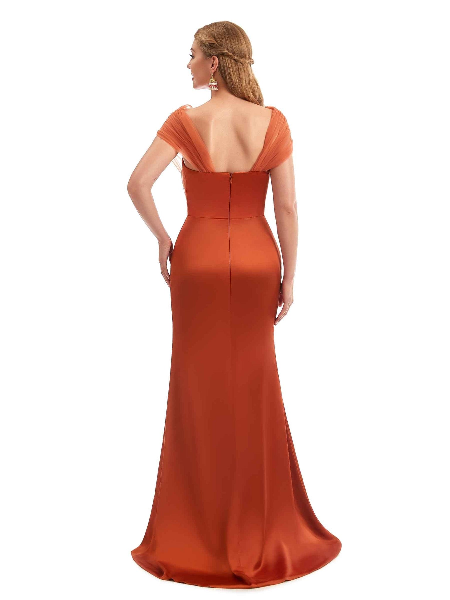 Modern Off The Shoulder Mermaid Satin and Tulle Unique Long Bridesmaid Dresses UK Online