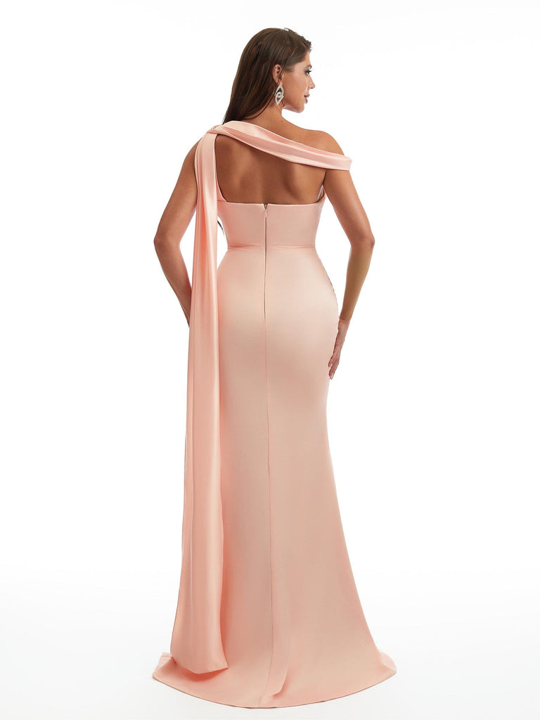 Sexy Asymmetric Neckline Mermaid Side Slit Soft Satin Unique Maxi Bridesmaid Dresses Online