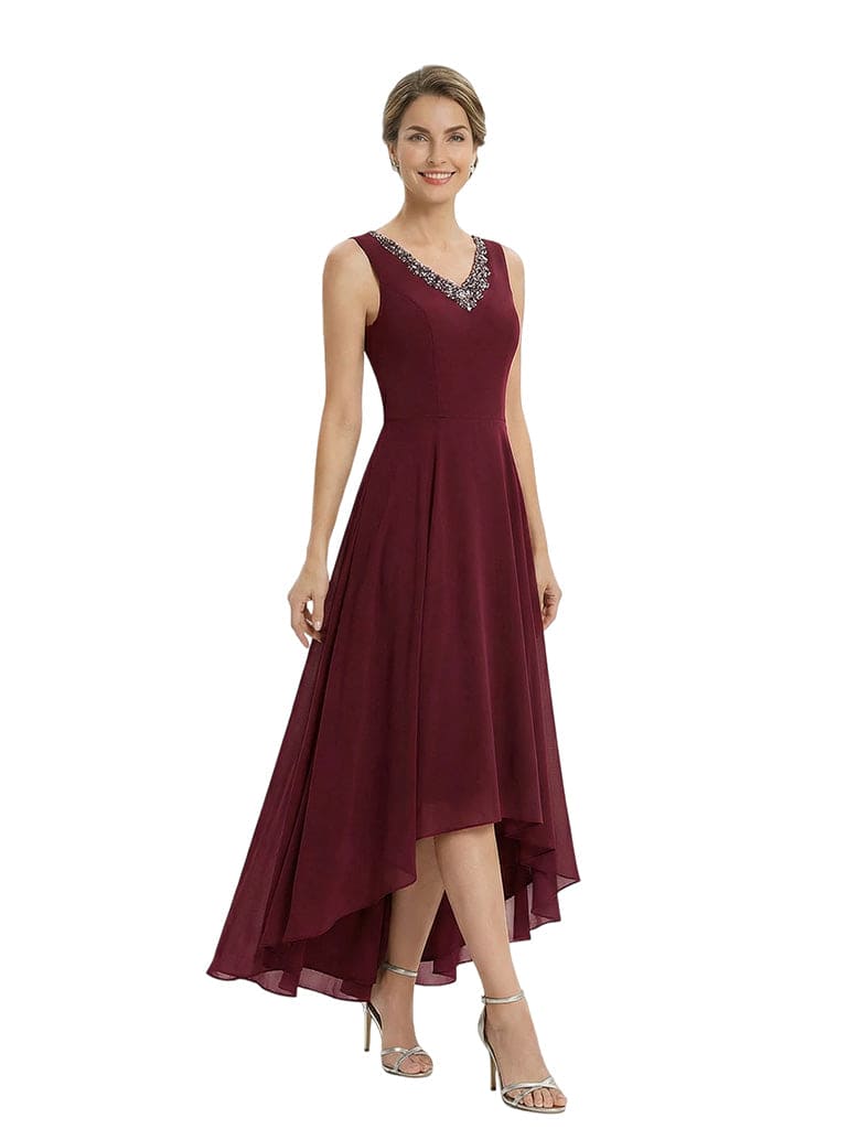 Elegant High-Low Flutter Sleeves V-Neck Beaded Mother of The Bride Gown and Jacket