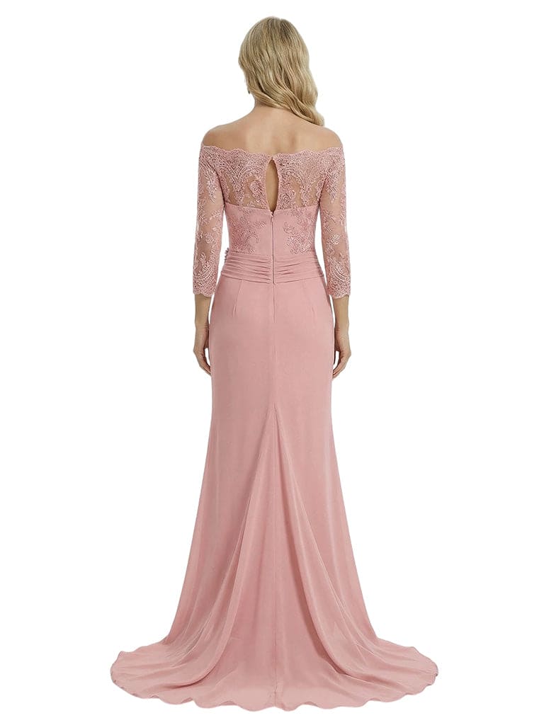 Elegant Off Shoulder 3/4 Sleeves Mermaid Chiffon Mother Of The Bride Dress With Lace Appliques