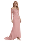 Elegant Off Shoulder 3/4 Sleeves Mermaid Chiffon Mother Of The Bride Dress With Lace Appliques