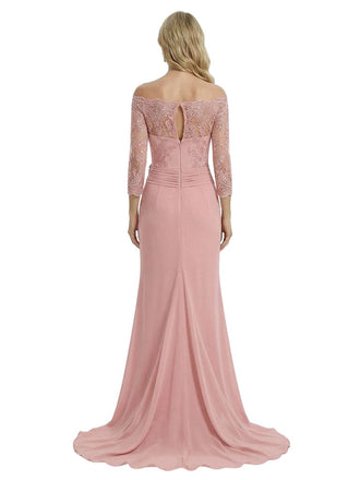 Elegant Off Shoulder 3/4 Sleeves Mermaid Chiffon Mother Of The Bride Dress With Lace Appliques
