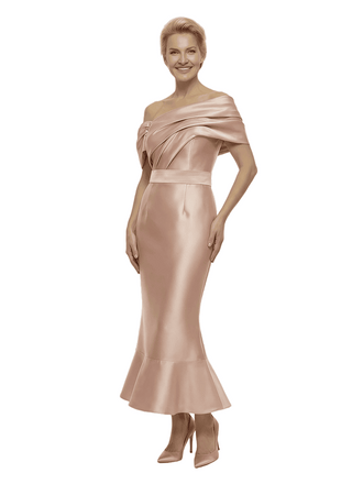 Exquisite Off Shoulder Ankle-Length Mermaid Satin Ruched Mother Of The Bride Gown