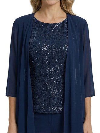 Classy Sequin Top Boat Neck 3/4 Sleeves  Mother Of The Bride Pantsuit With Jacket
