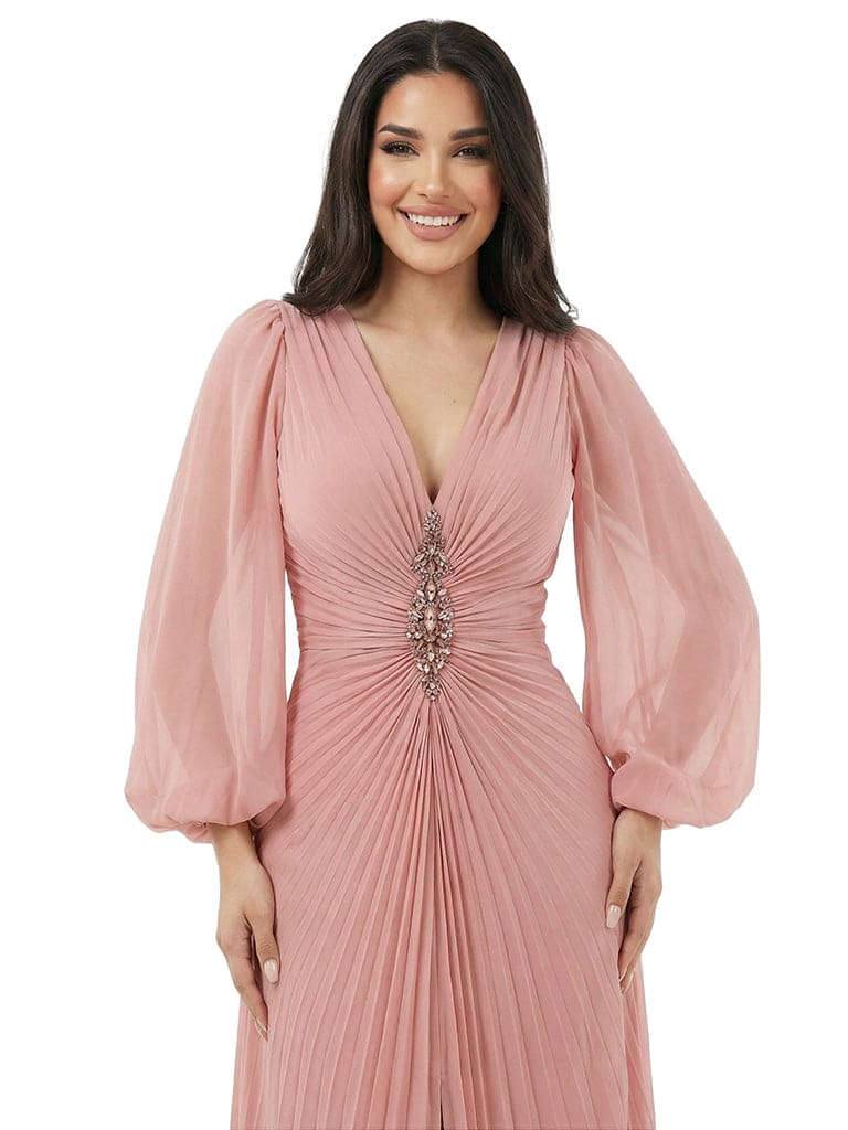 Elegant V-neck Lantern Sleeves Beaded Front Slit A-Line Chiffon Mother Of The Bride Dress