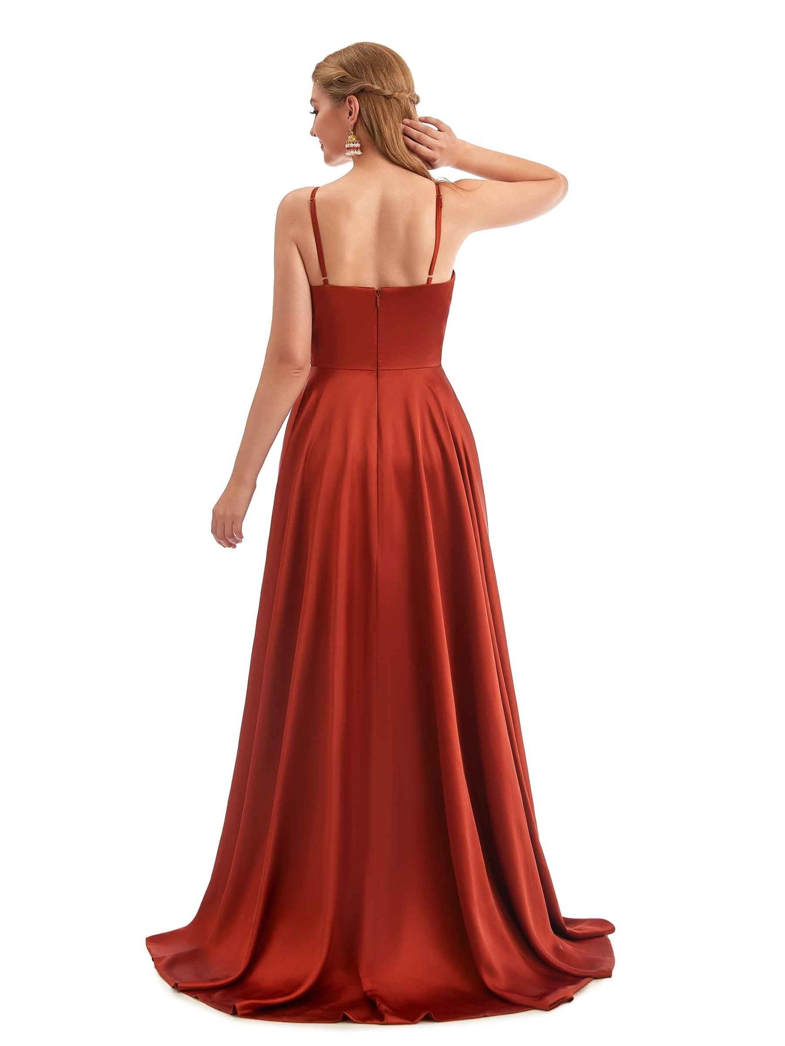 A-Line Formal Satin Long Bridesmaid Dresses UK Online Side Split Spaghetti Straps
