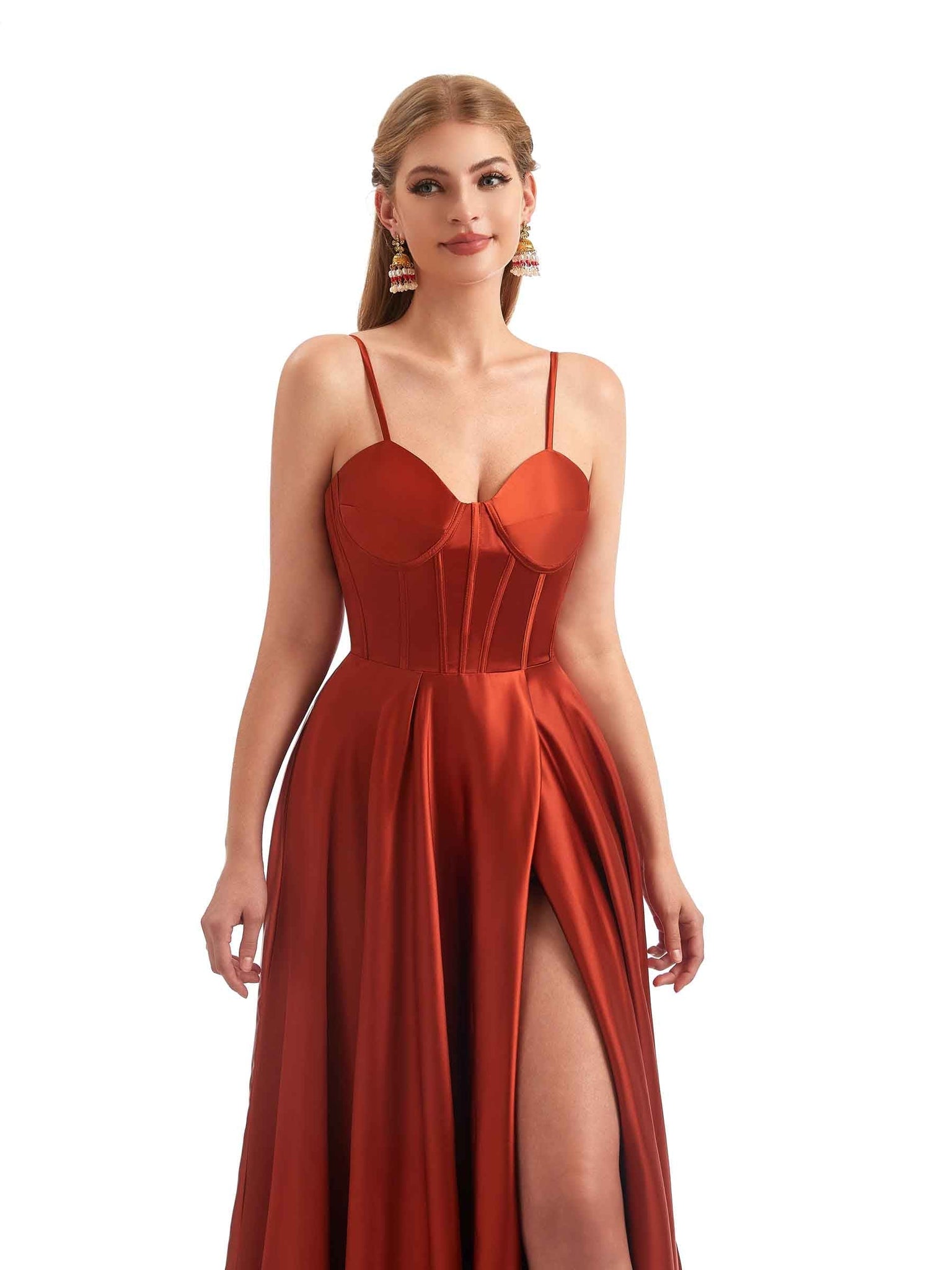 A-Line Formal Satin Long Bridesmaid Dresses UK Online Side Split Spaghetti Straps