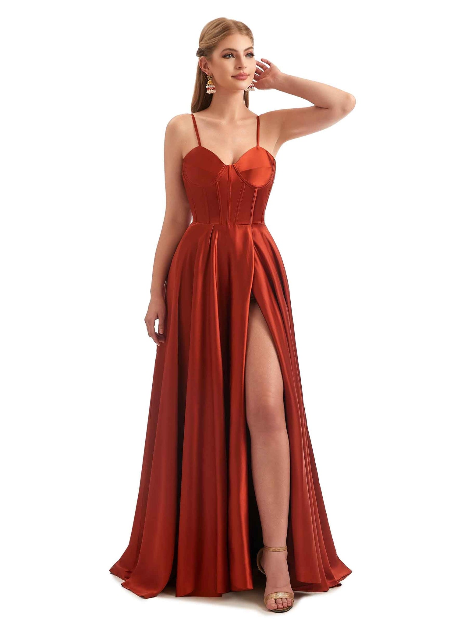 A-Line Formal Satin Long Bridesmaid Dresses UK Online Side Split Spaghetti Straps