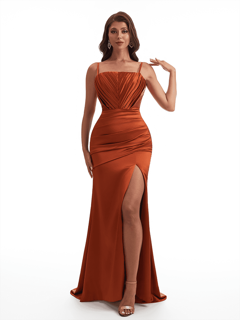Sexy Spaghetti Straps Side Slit Mermaid Ruched Soft Satin Long Bridesmaid Dresses Online