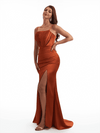 Sexy Spaghetti Straps Side Slit Mermaid Ruched Soft Satin Long Bridesmaid Dresses Online
