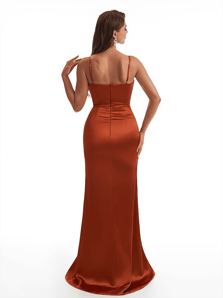 Sexy Spaghetti Straps Side Slit Mermaid Ruched Soft Satin Long Bridesmaid Dresses Online