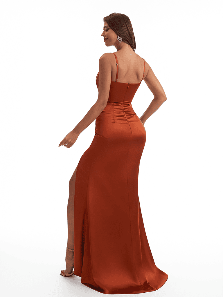 Sexy Spaghetti Straps Side Slit Mermaid Ruched Soft Satin Long Bridesmaid Dresses Online