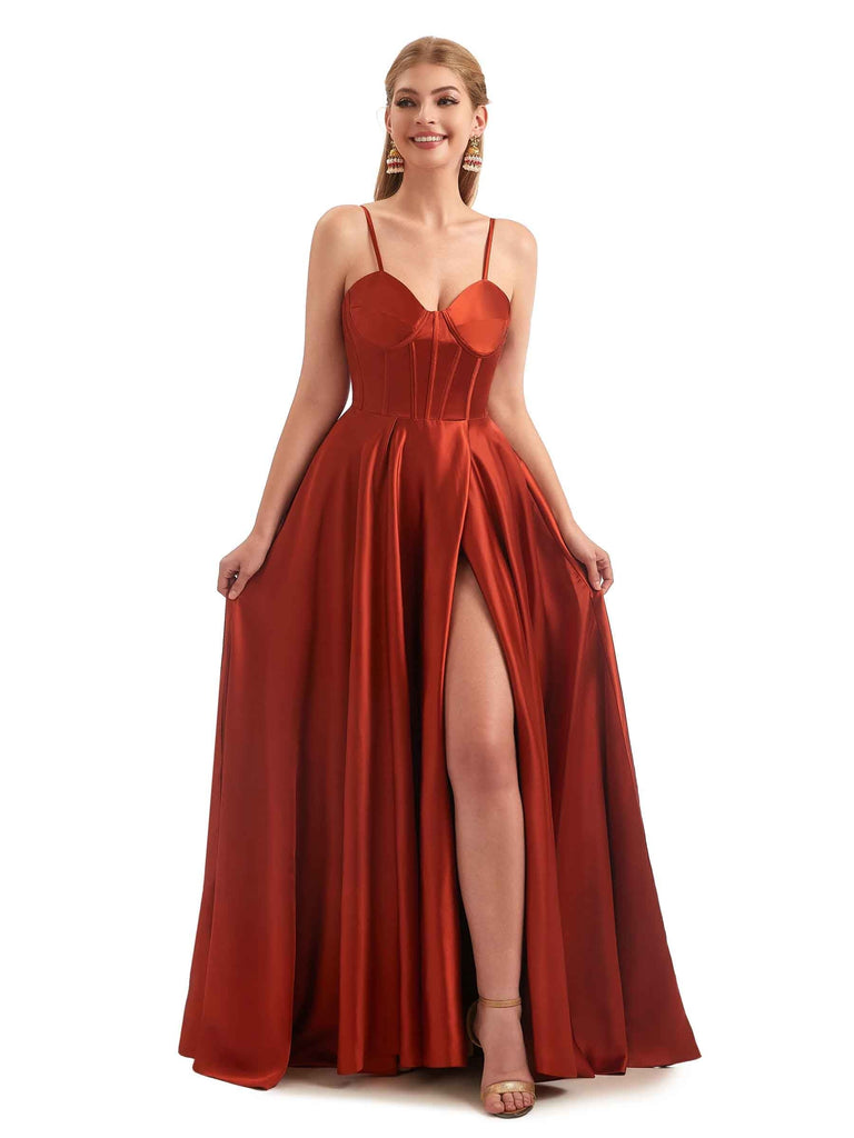 A-Line Formal Satin Long Bridesmaid Dresses Online Side Split Spaghetti Straps